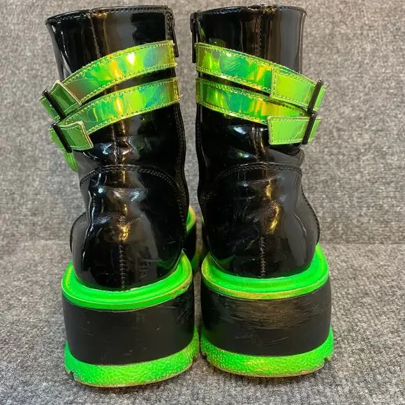 DEMONIA Slacker 52 Womens 9 Platform Black Patent Neon Green Chunky Combat Boots - Picture 4 of 8